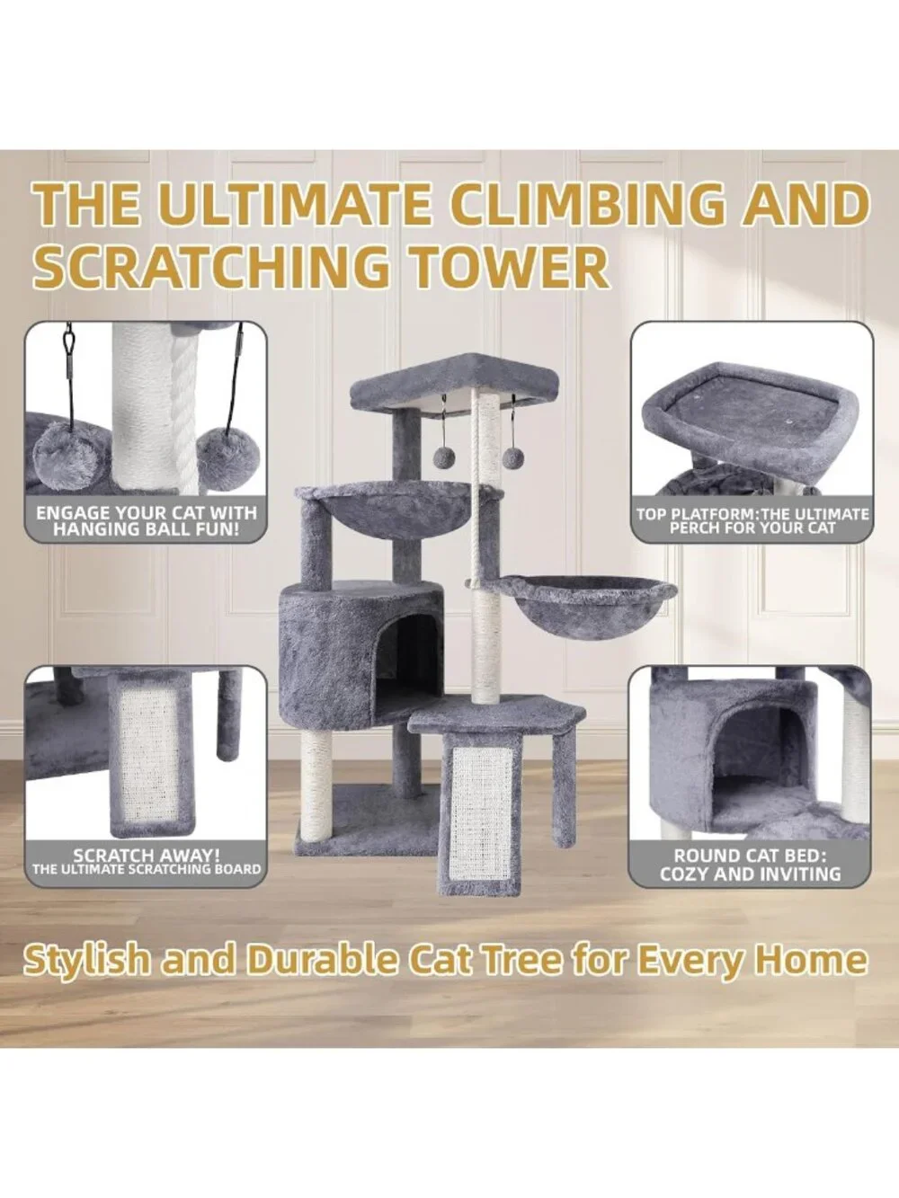 Cozy Three-Tier Cat Tree with Condo & Dual Hammocks - Stylish Grey Design